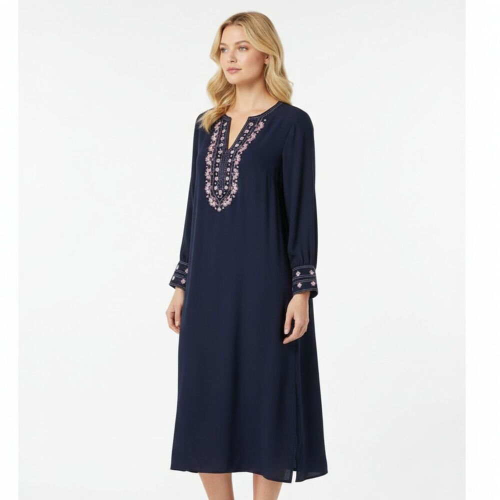 Chico’s Blue Long Sleeve Embellished midi Peasant Dress 1 M